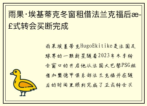 雨果·埃基蒂克冬窗租借法兰克福后正式转会买断完成