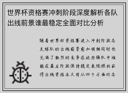 世界杯资格赛冲刺阶段深度解析各队出线前景谁最稳定全面对比分析
